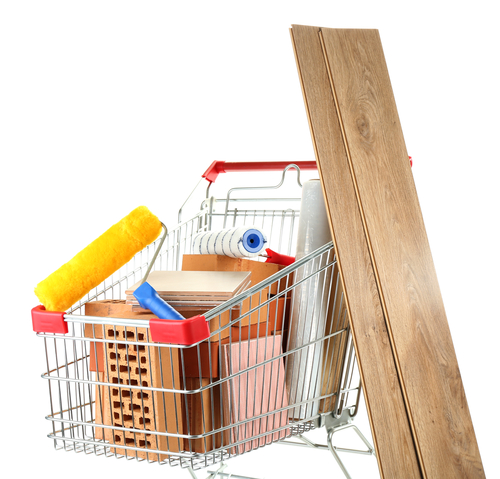 Shopping Cart With Materials For  Home Renovation, Isolated On White