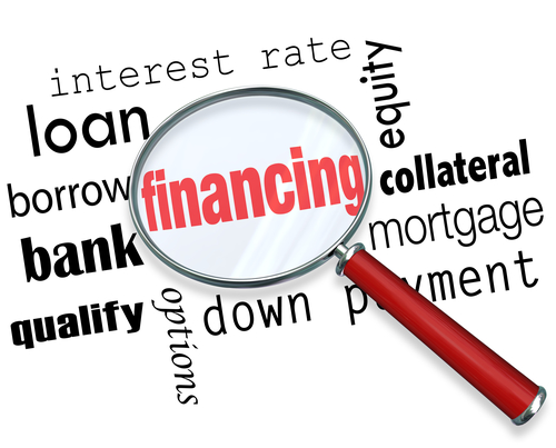 The Word Financing Under A Magnifying Glass With Terms Like Interest Rate, Loan, Borrow, Bank, Qualify, Options, Down Payment, Equity, Mortgage And Collateral