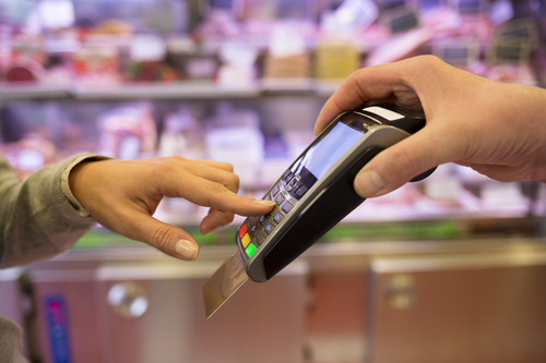 Female Paying Plastic Card Shop Butcher Code Supermarket