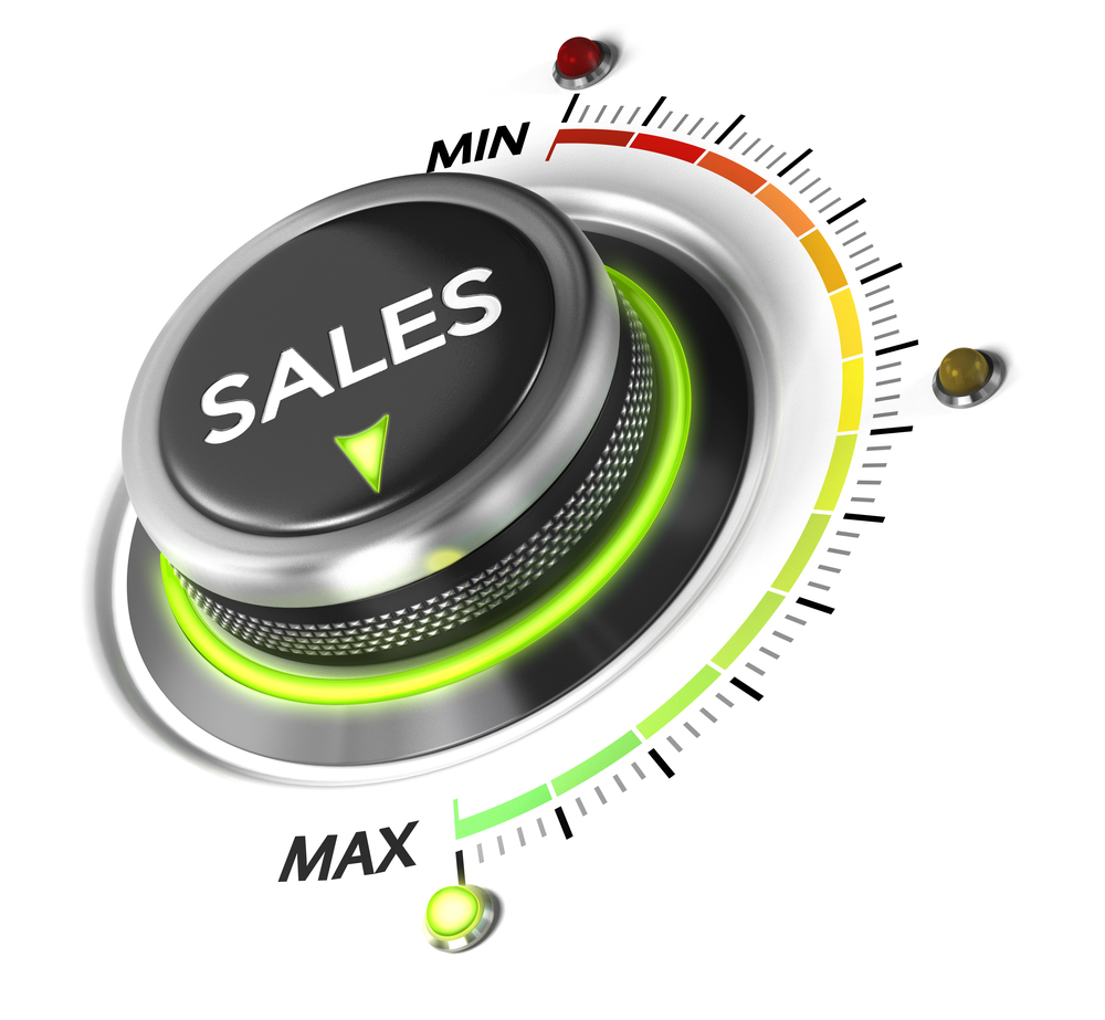 Sales Switch Button Positioned On Maximum, White Background And Blue Light. Conceptual Image For Sales Strategy And Growth Of Incomes.