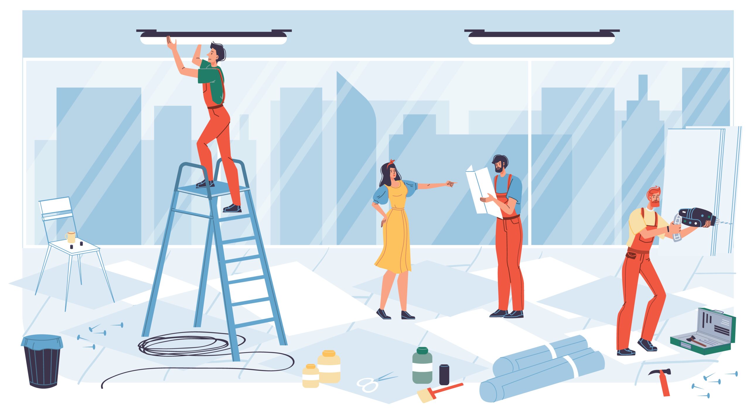 Vector Cartoon Flat Industrial Worker Characters At Office Renovation Work.Builder Workers Repair,decorate New Office Building-interior Repairs,renovation,design,web Online Site Banner Ad Concept