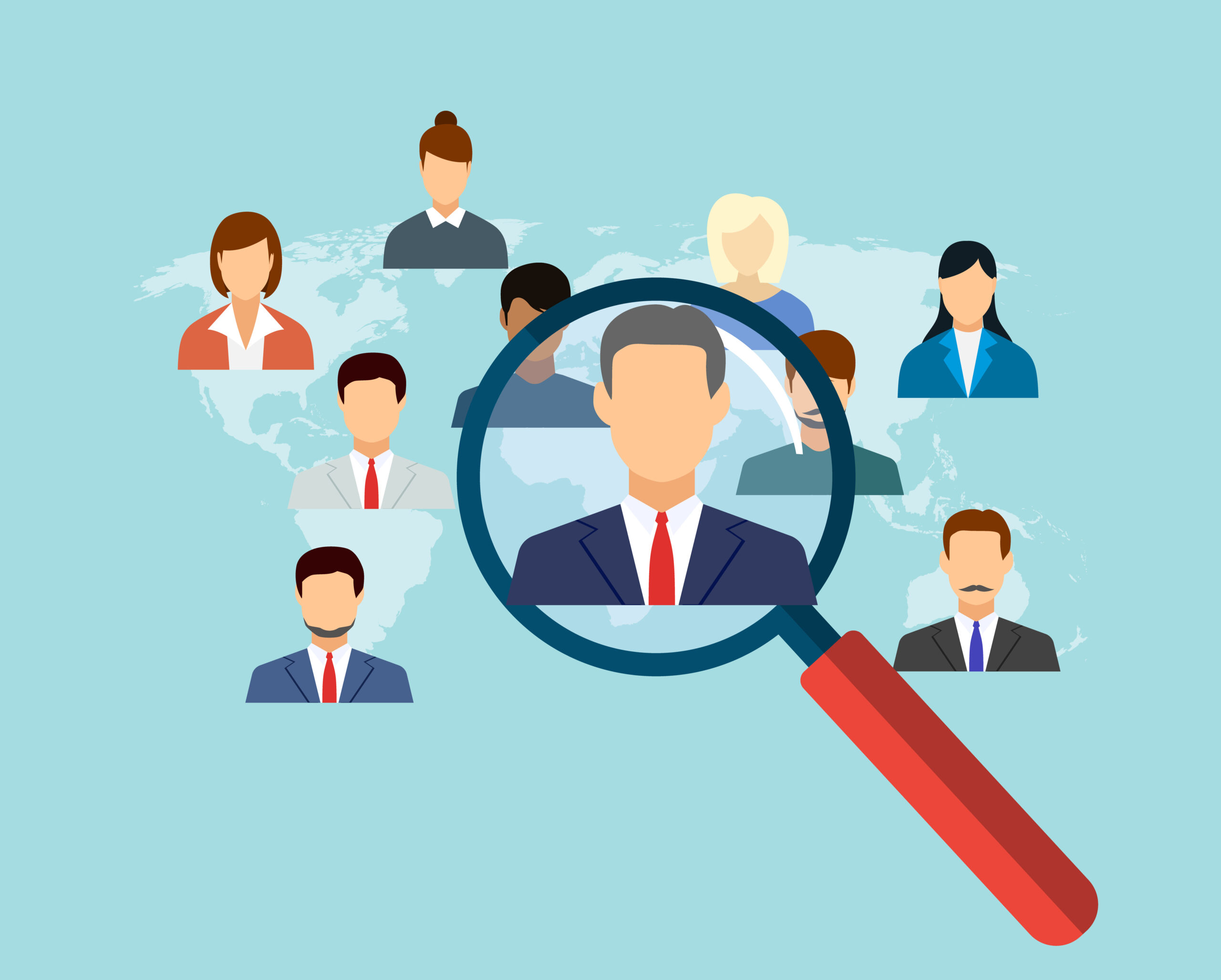 Magnifying Glass For Choosing The Right Person On Word Map For International Best Position. Recruitment And Job Search Concept. Vector Illustration In Flat Design